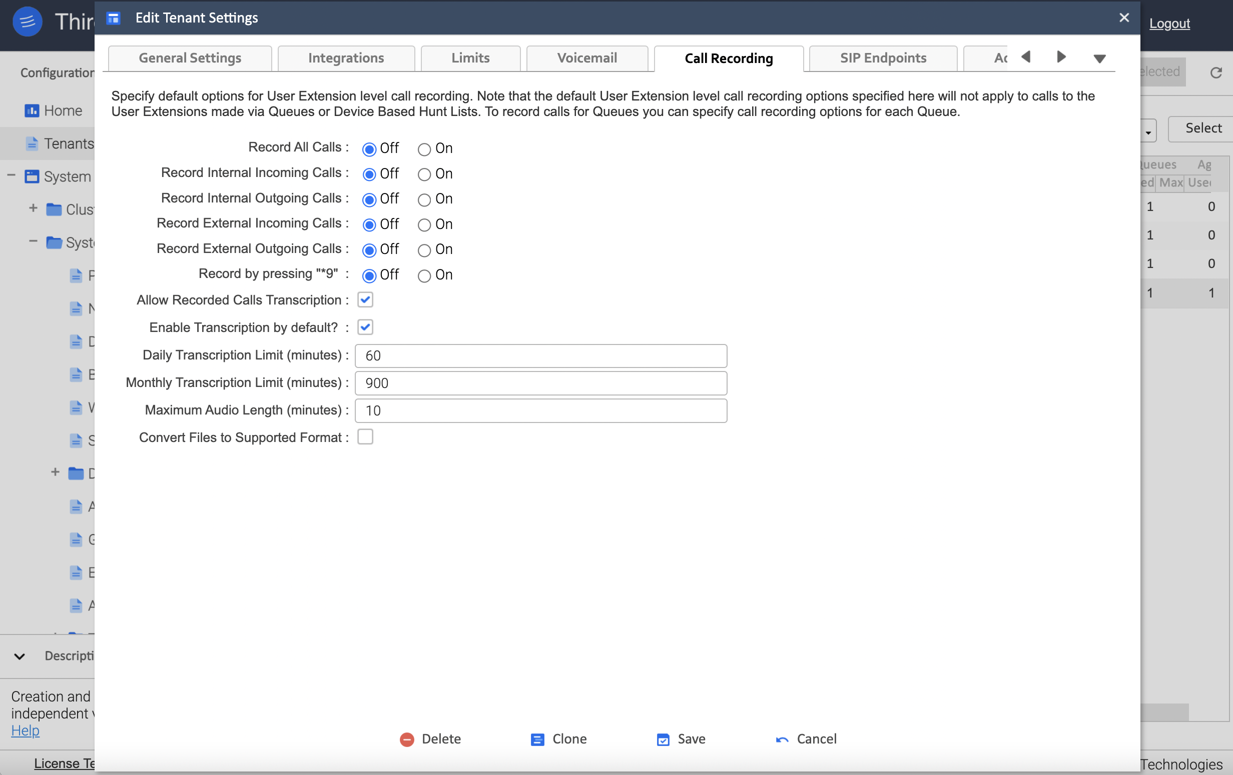 Recorded Calls Transcription for Tenant